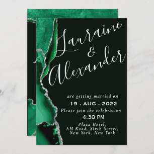 Black and green emerald glitter agate marble invitation