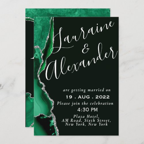 Black and green emerald glitter agate marble  invitation
