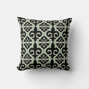 Black and Green Fleur De Lis Pattern Throw Pillow
