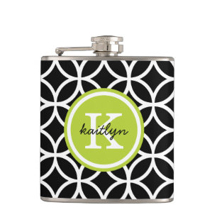 Black and Green Geometric Diamonds Custom Monogram Flask
