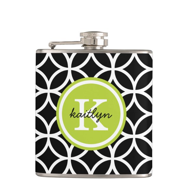 Black and Green Geometric Diamonds Custom Monogram Flask (Front)