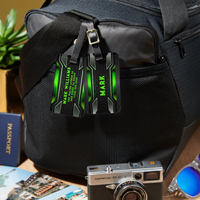 Black and green geometric gaming background luggage tag (Front & Back)