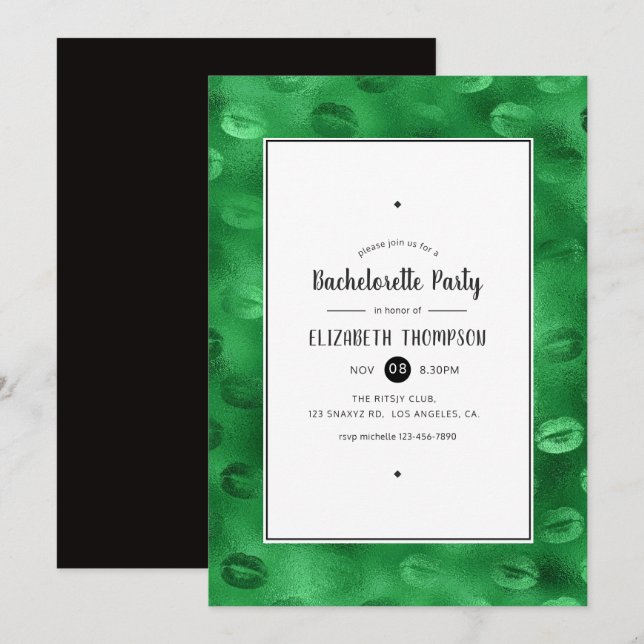 Black and Green Glam Lips Bachelorette Party Invitation (Front/Back)