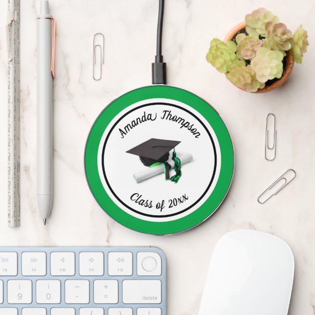 Black and Green Graduation Cap and Tassel Wireless Charger (Desk)