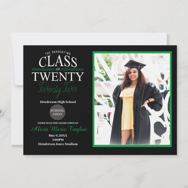 Black and Green Graduation Invitation with Photo (Front)