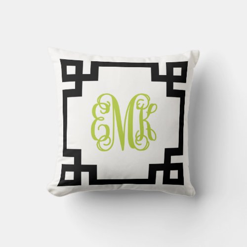 Black and Green Greek Key Script Monogram Throw Pillow