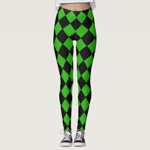 Black and Green Harlequin Diamond Checked Pattern Leggings