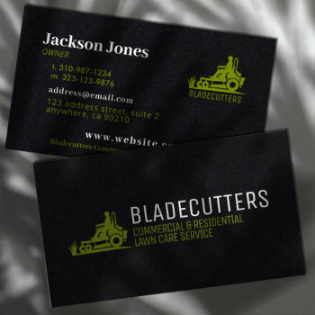 Black And Green Lawn Care   Mowing Business Cards by YourLogoHereCustom at Zazzle