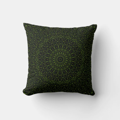 Black and Green Mandala Kaleidoscope Medallion Throw Pillow