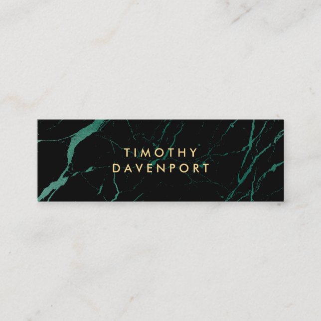 Black and Green Marble with Faux Gold Text Mini Business Card (Front)
