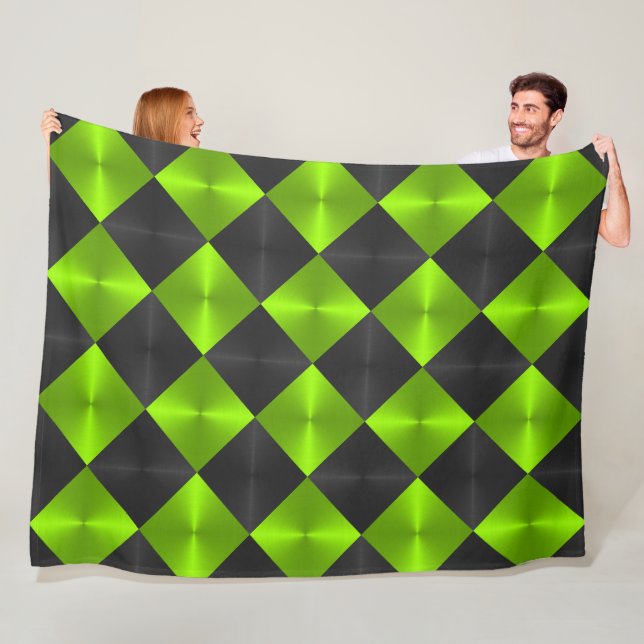 Black and Green Metallic Looking Squares Fleece Blanket (In Situ)