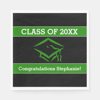 Black and Green Mortarboard Graduation Party Napkins