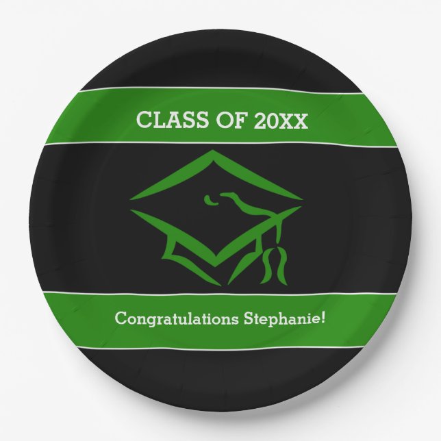 Black and Green Mortarboard Graduation Party Paper Plates (Front)