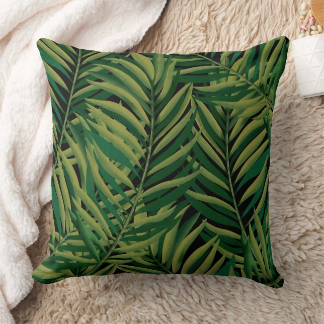 Black and Green Palm Leaves Aesthetic Throw Pillow (Blanket)
