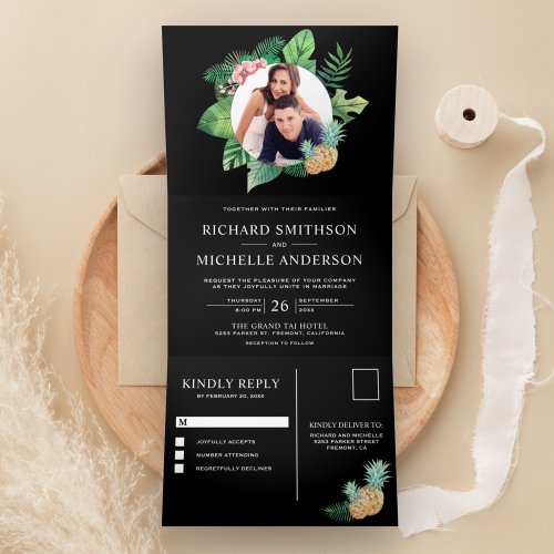 Black and Green Palm Leaves Wreath Photo Wedding Tri_Fold Invitation