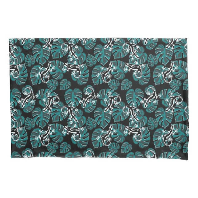 Black And Green Pattern - Geckos And Leaves Pillow Case (Front)