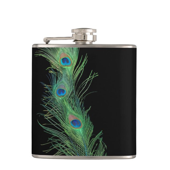 Black and Green Peacock Feathers Flask (Front)