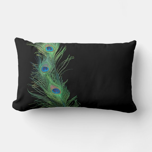 Black and Green Peacock Feathers Lumbar Pillow (Front)