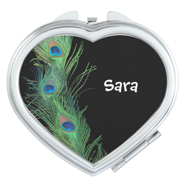 Black and Green Peacock Feathers Makeup Mirror (Front)