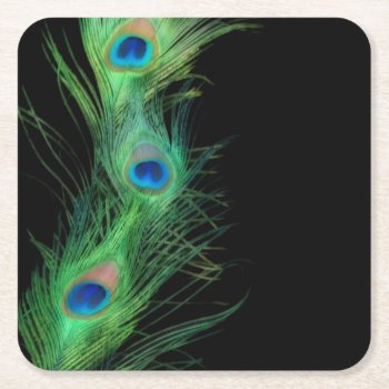Black And Green Peacock Square Paper Coaster by Peacocks at Zazzle