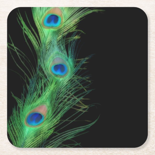 Black and Green Peacock Square Paper Coaster (Front)