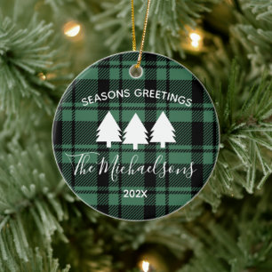 Black and Green Plaid with Monogram Name Photo  Ce Ceramic Ornament