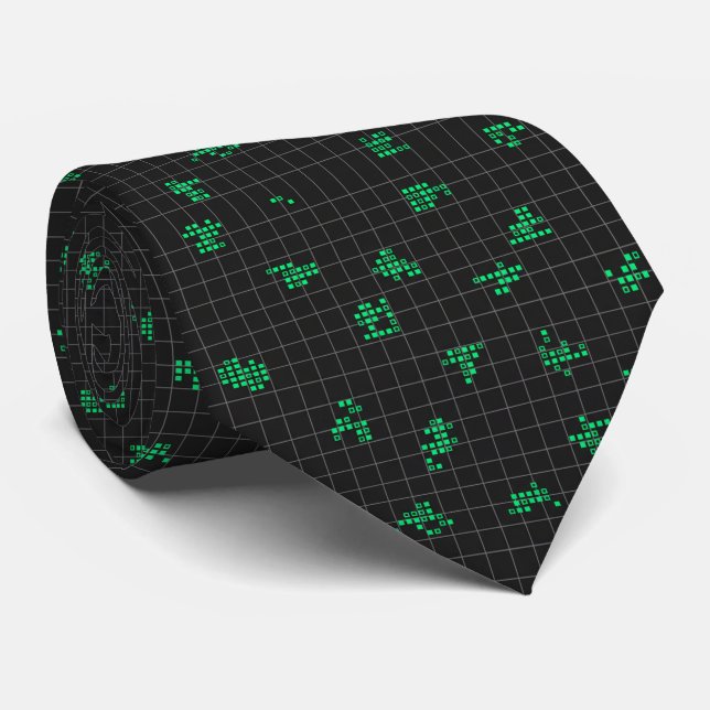 Black and Green Retro Pixelated Matrix Code  Neck Tie (Rolled)