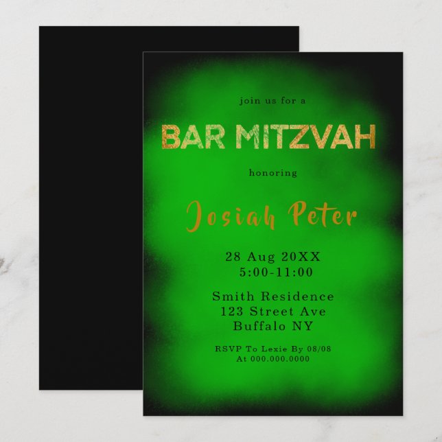 Black and Green Smoke Bar Mitzvah Invitations (Front/Back)