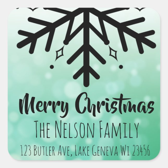 Black and Green Snowflake Personalized Christmas Square Sticker (Front)