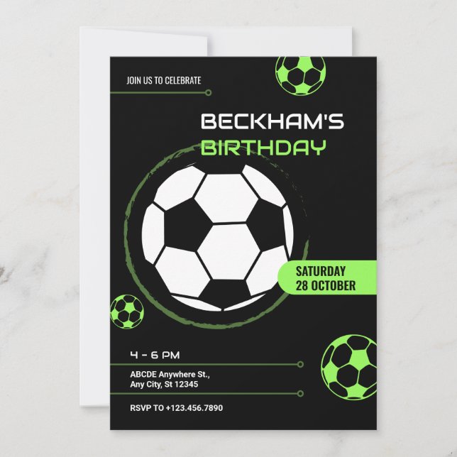 Black and green soccer ball birthday invitation (Front)