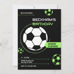 Black and green soccer ball birthday invitation