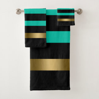 Black and green stripes pattern gold accents bath towel set