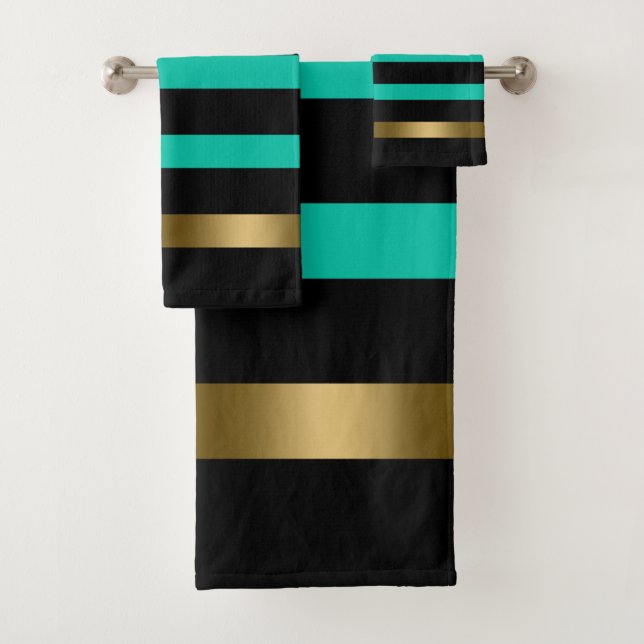 Black and  green stripes pattern gold accents  bath towel set (Insitu)