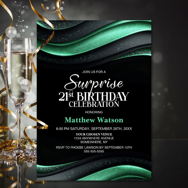 Black and Green Surprise 21st Birthday Party Invitation (Creator Uploaded)