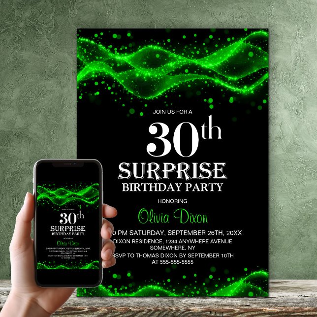Black and Green Surprise 30th Birthday Party Invitation (Creator Uploaded)