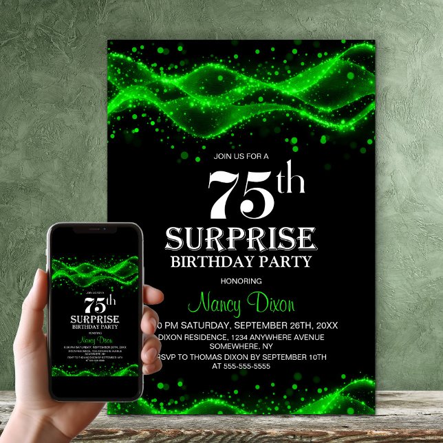 Black and Green Surprise 75th Birthday Party Invitation (Creator Uploaded)