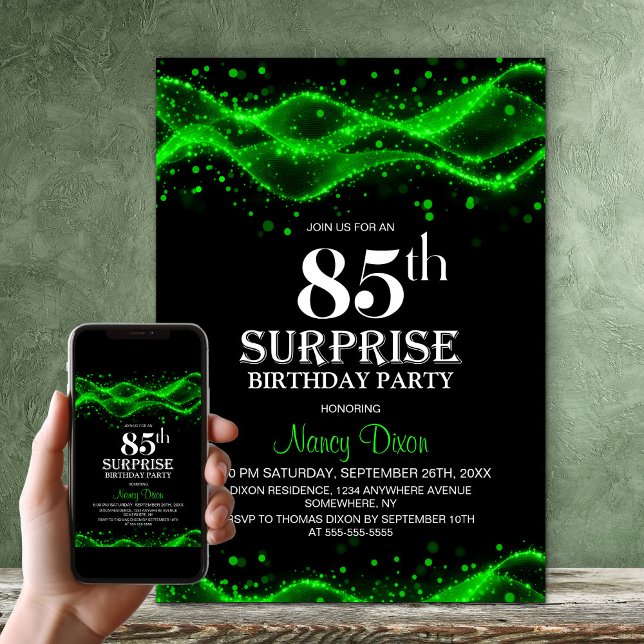 Black and Green Surprise 85th Birthday Party Invitation (Creator Uploaded)