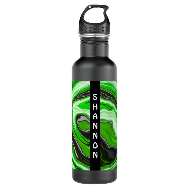 Black and Green Swirls Fluid Art Personalized  Stainless Steel Water Bottle (Front)