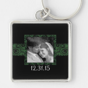 Black and Green Swirly Floral Wedding Keychain
