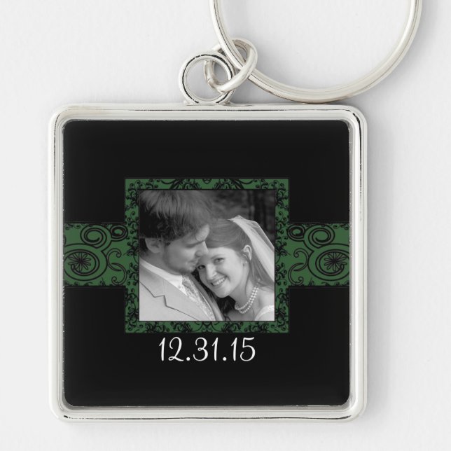 Black and Green Swirly Floral Wedding Keychain (Front)