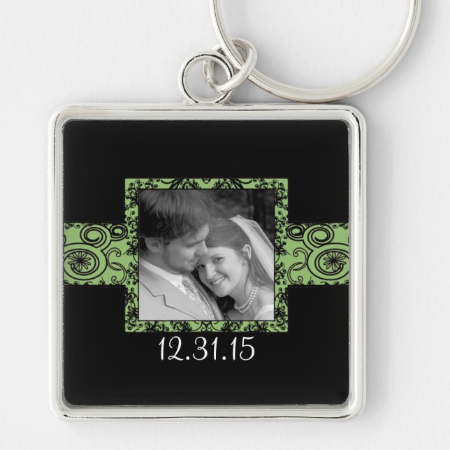Black and Green Swirly Floral Wedding Keychain (Front)