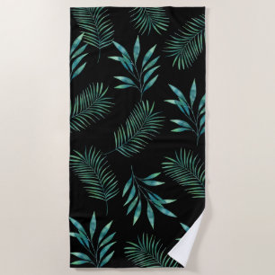 Black and Green Watercolor Palm Leaves  Beach Towel