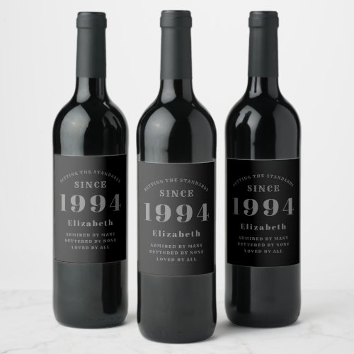Black And Grey 30th Birthday 1994 Elegant Wine Label