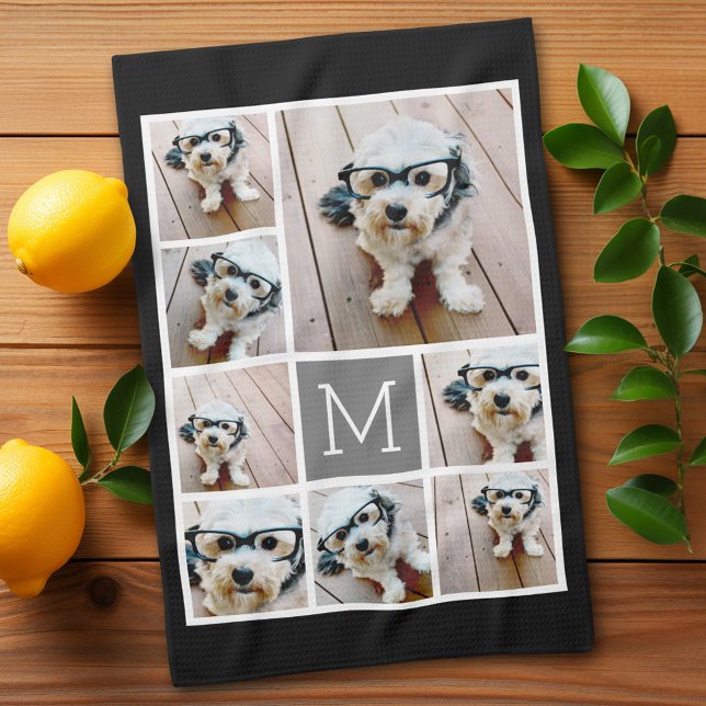 Black and Grey 8 Photo Collage classic monogram Kitchen Towel (Personalized kitchen towel with 8 photos)