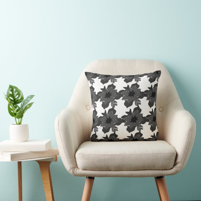 Black and Grey Abstract Floral Pattern Throw Pillow (Chair)