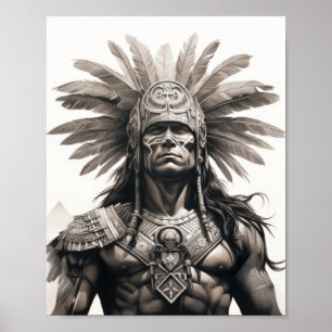 Black and Grey Aztec Warrior on White Background P Poster