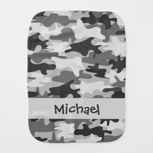 Black and Grey Camo Camouflage Name Personalized Burp Cloth