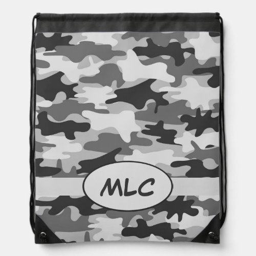 Black and Grey Camouflage Monogram Custom Drawstring Bag