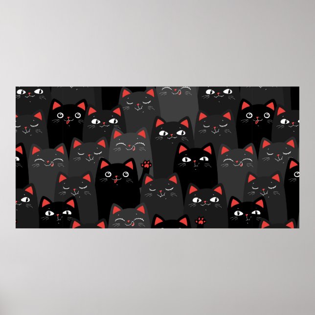 Black and grey Cats. Cartoon seamless pattern. Vin Poster (Front)