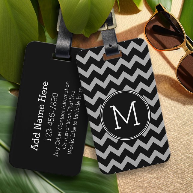 Black and Grey Chevrons Custom Monogram Luggage Tag (Custom Photo Collage Luggage Tag)